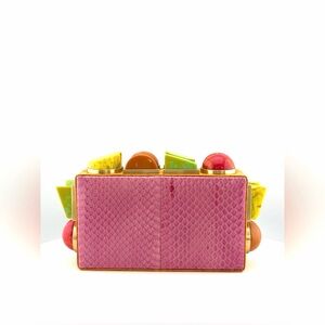 Tonya Hawkes Pink Orange Snakeskin Convertible Clutch Multicolor Studs.